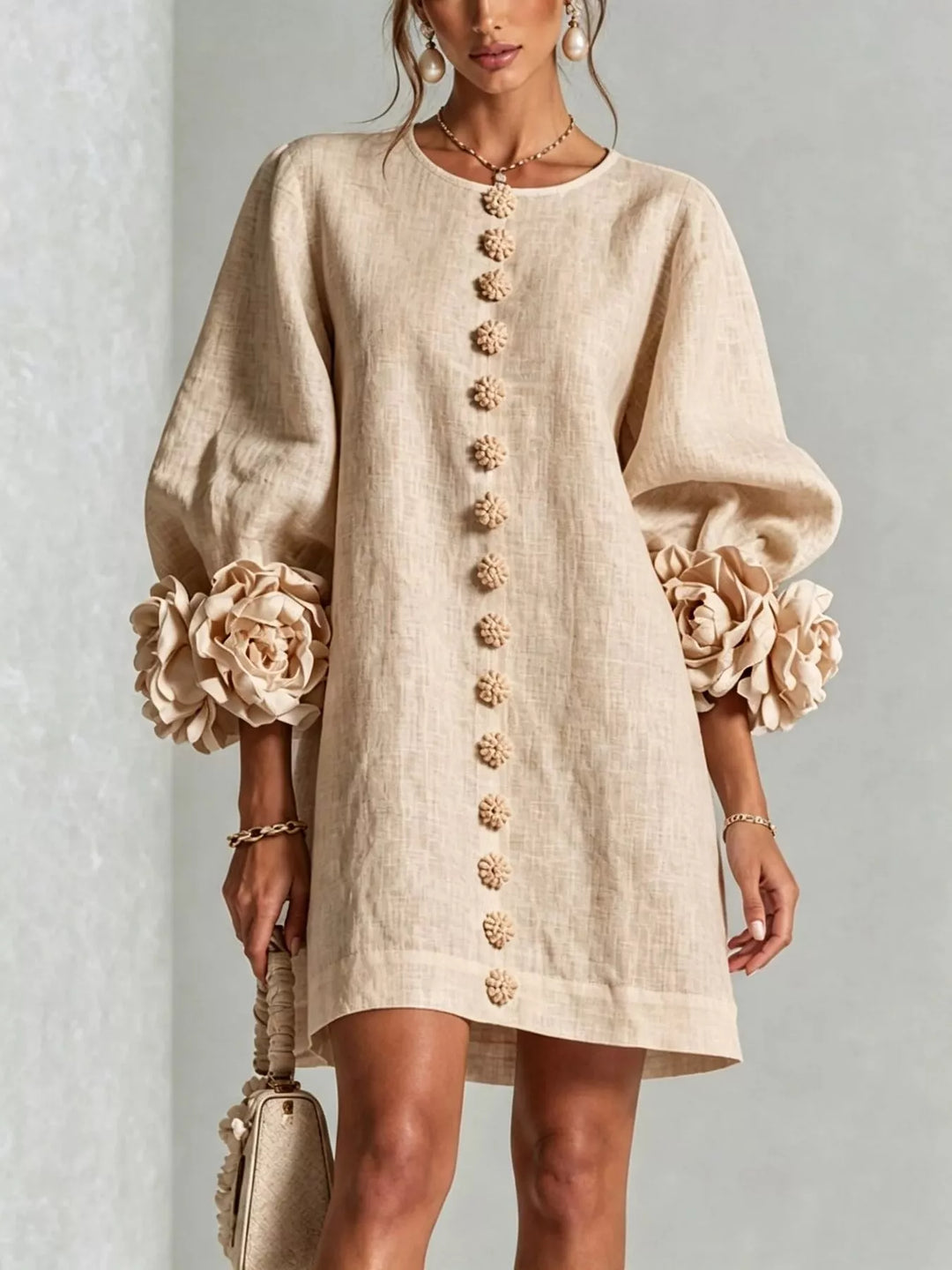 3d floral cuff button front plus size in tan, front view