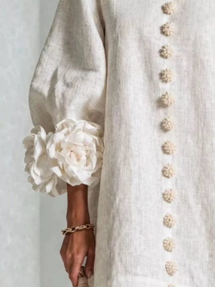 3d floral cuff button front plus size in white, close-up detail
