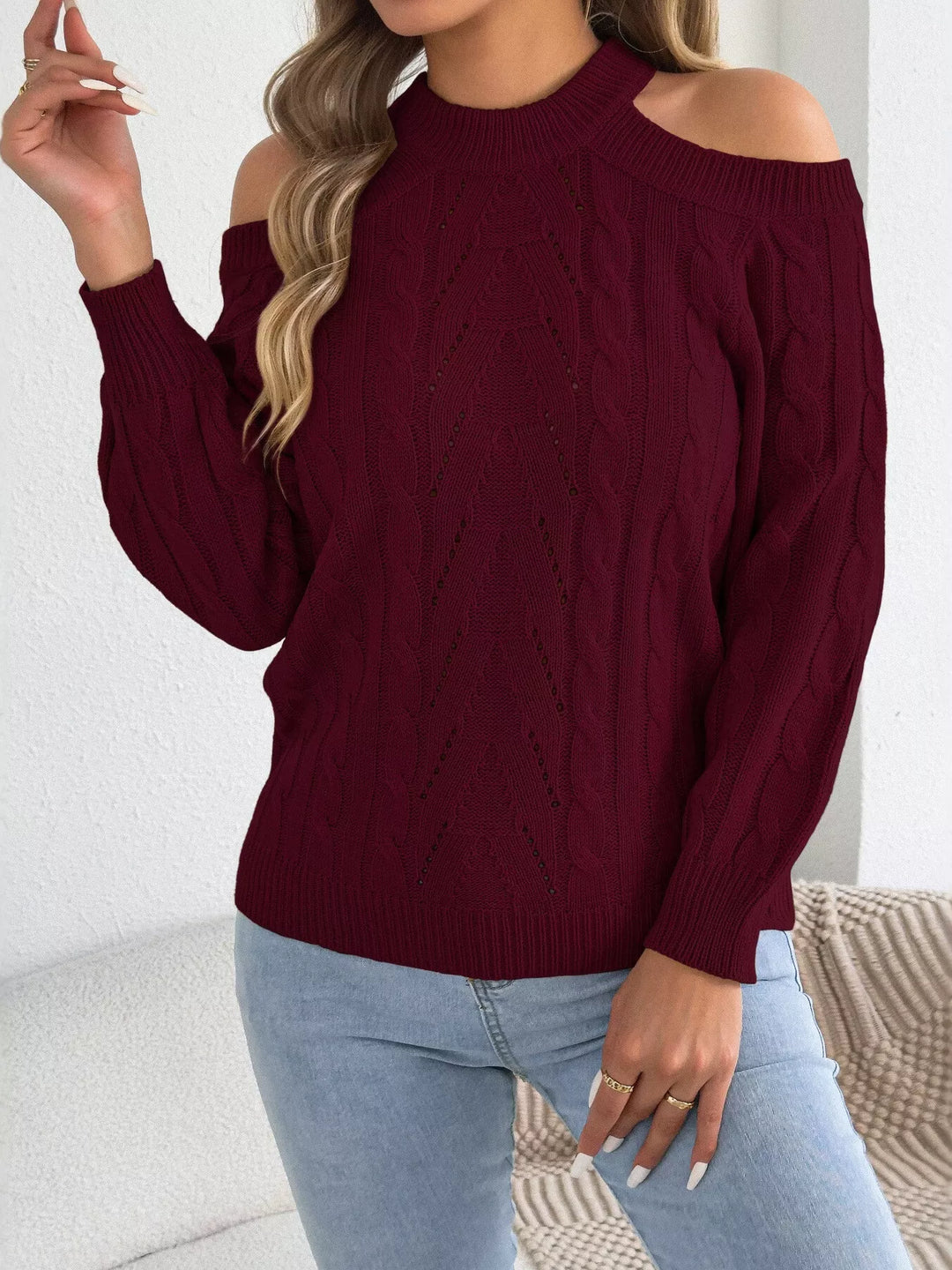 Burgundy mock neck sweater with cold shoulder cutouts, waist length view