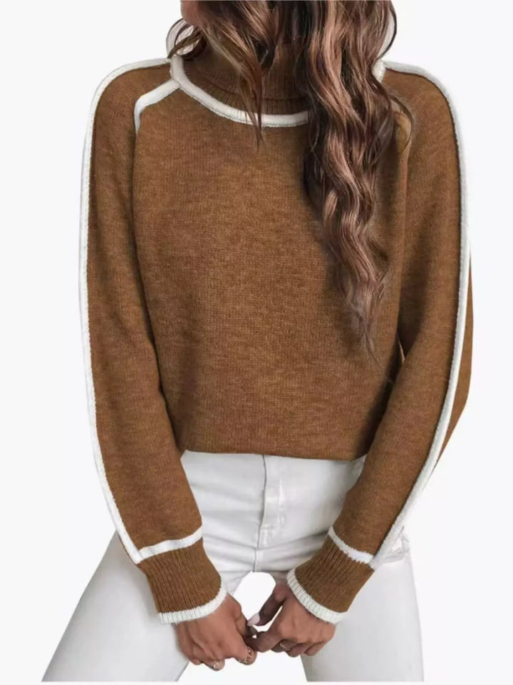 Brown mock neck sweater with white contrast piping, front view