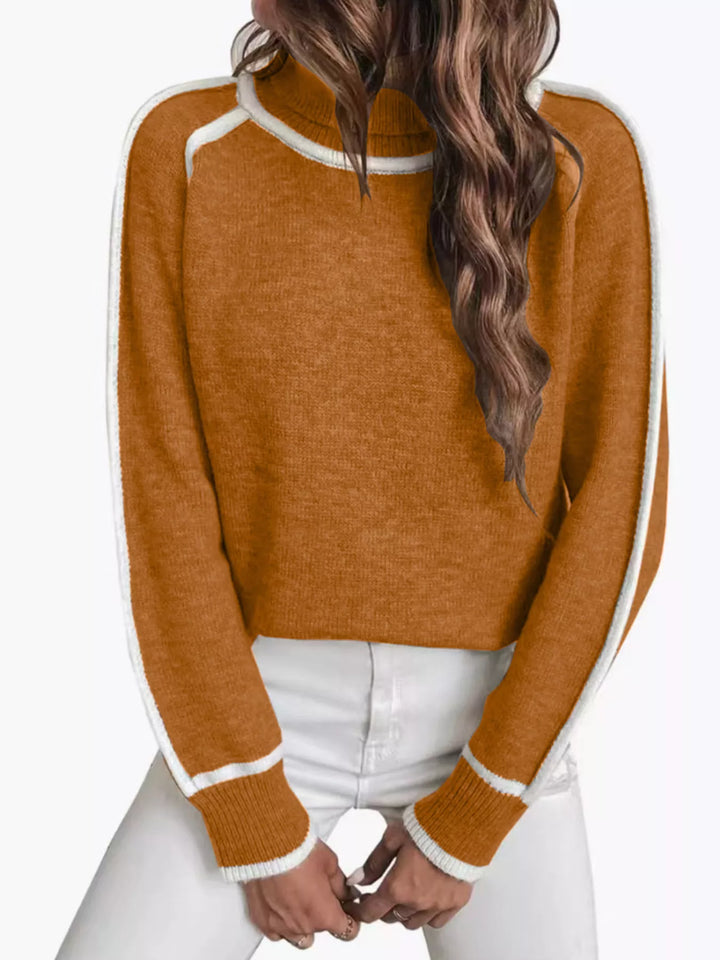 Caramel mock neck sweater with white raglan piping, front view