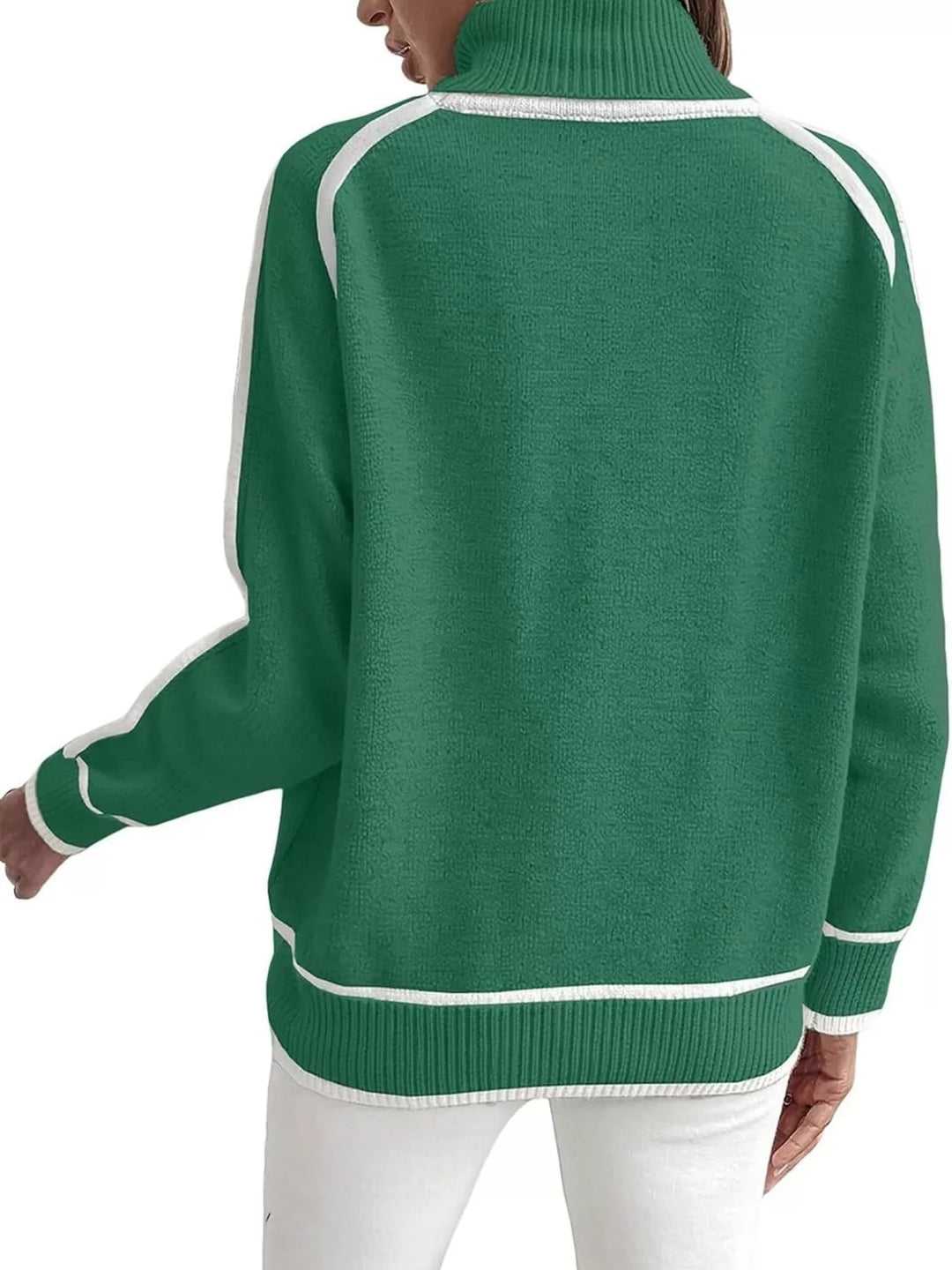 Emerald mock neck sweater with white contrast piping, back view