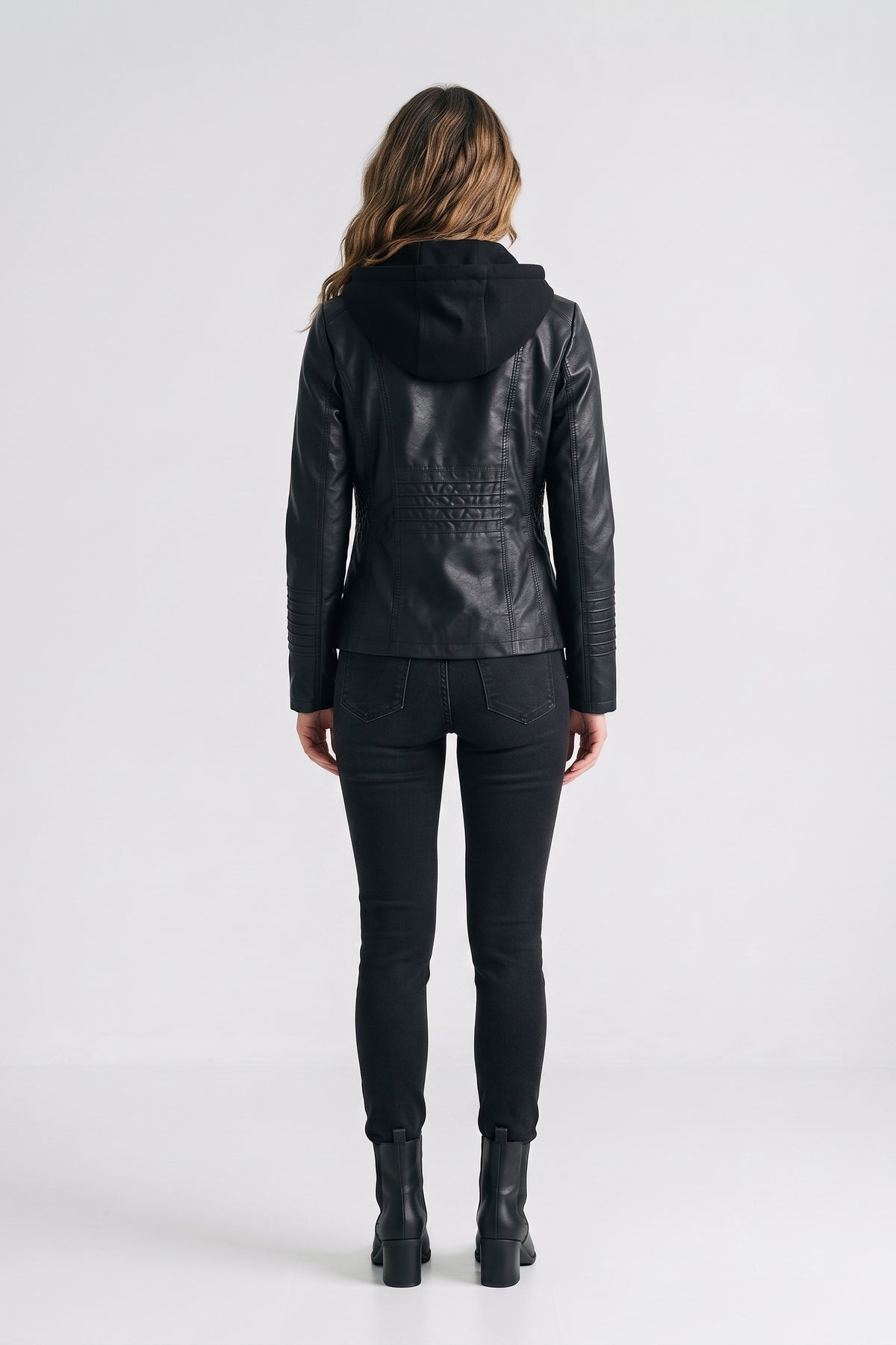 Women's Moto Jacket with Hood | Zip Front — Black — back view — on model