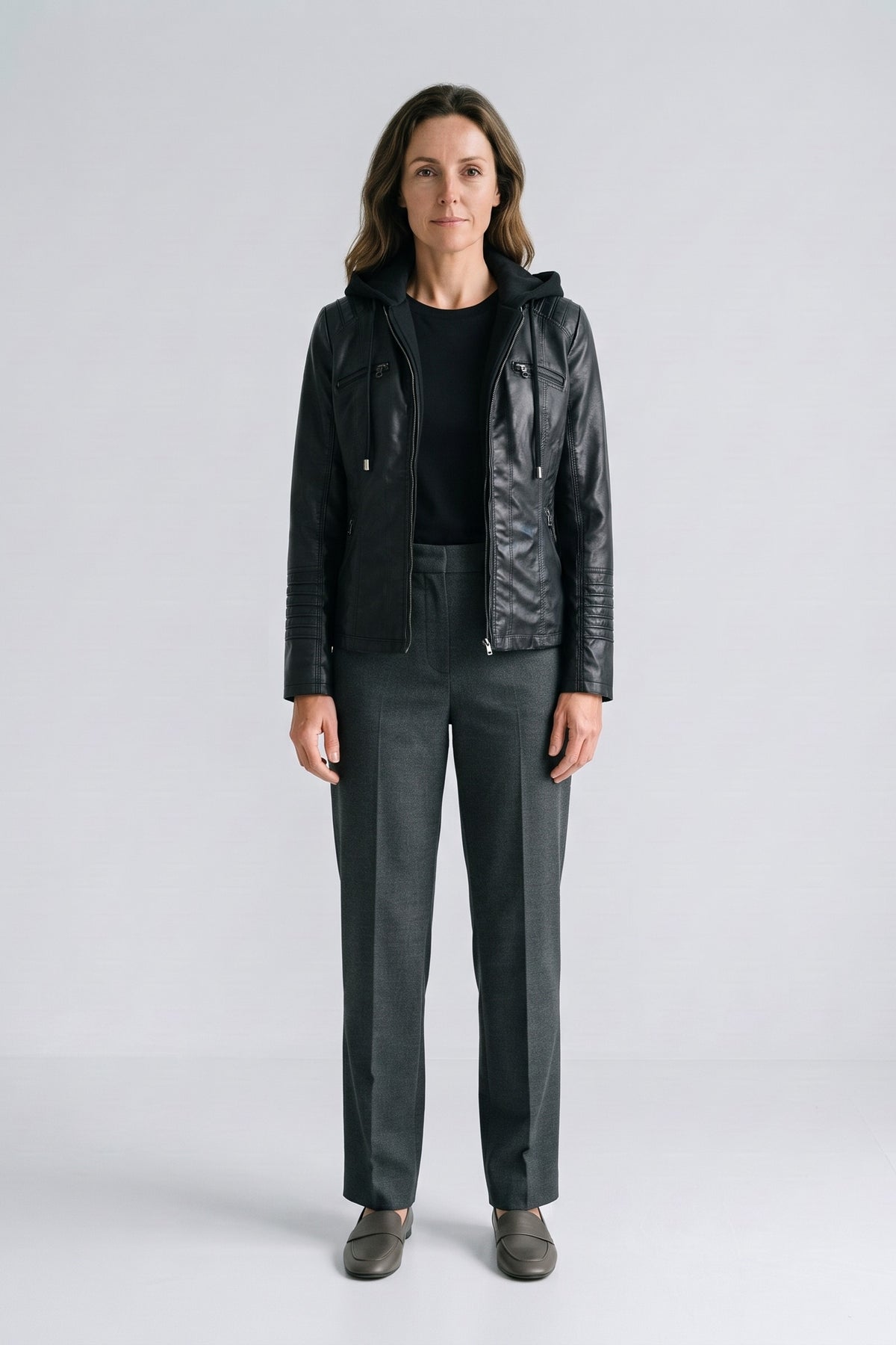 Women's Moto Jacket with Hood | Zip Front — Black — front view — on model