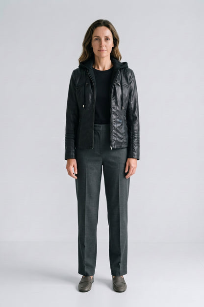 Women's Moto Jacket with Hood | Zip Front — Black — front view — on model