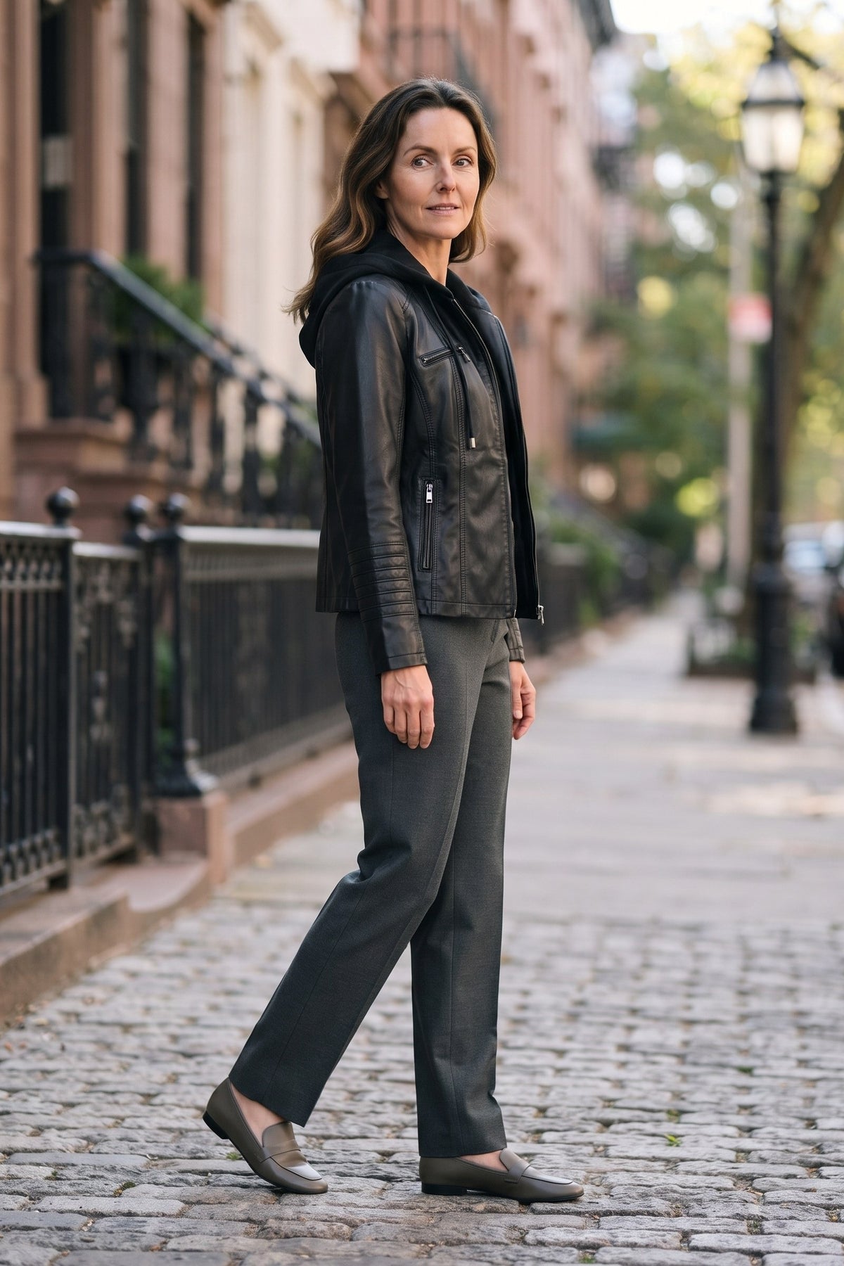 Women's Moto Jacket with Hood | Zip Front — Black — lifestyle — on model