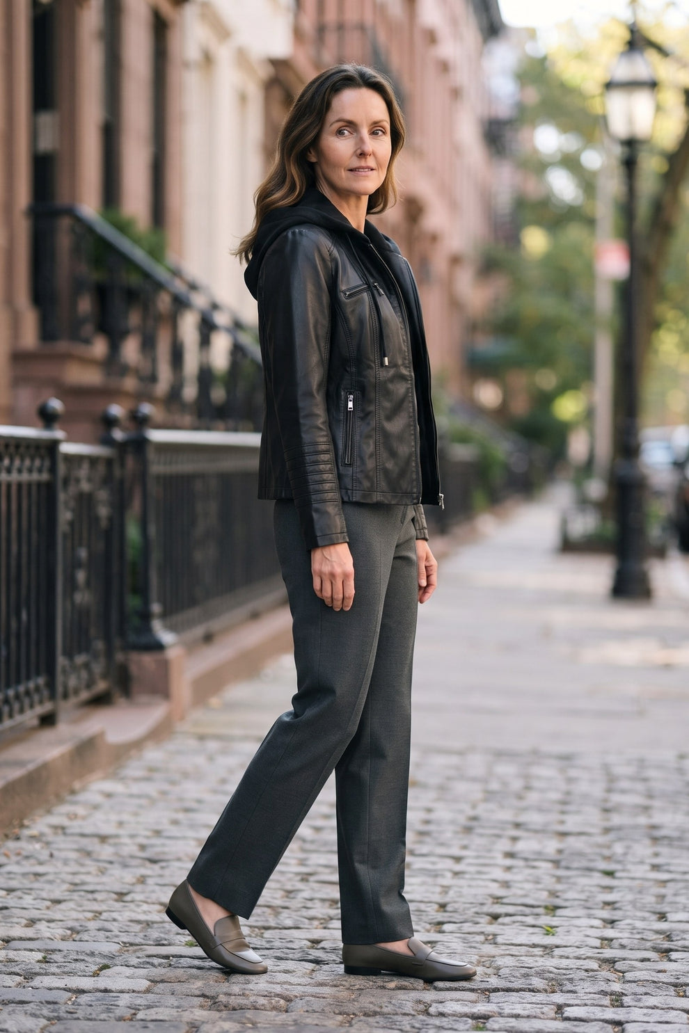 Women's Moto Jacket with Hood | Zip Front — Black — lifestyle — on model
