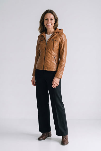 Women's Moto Jacket with Hood | Zip Front — Light Brown — front view — on model