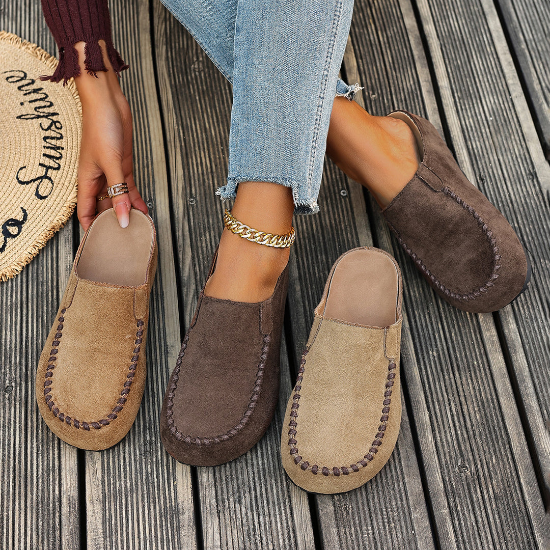 Women's mules in brown, tan and beige, backless slip on loafer style