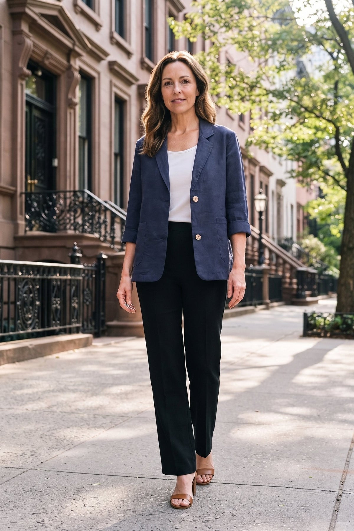 Women's Notched Lapel Blazer | Curved Hem — Navy — lifestyle — on model
