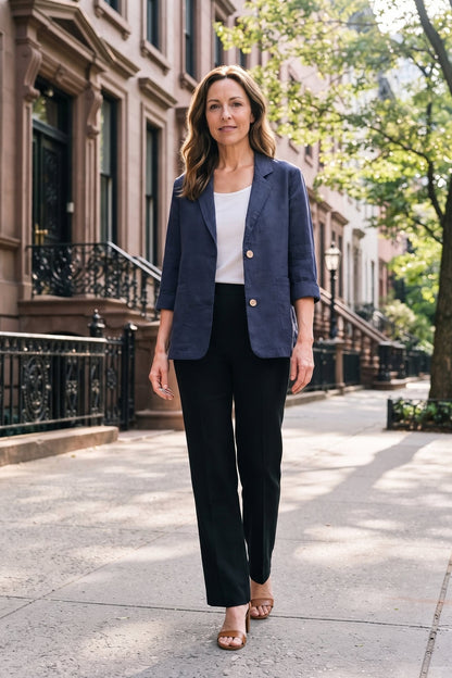 Women's Notched Lapel Blazer | Curved Hem — Navy — lifestyle — on model