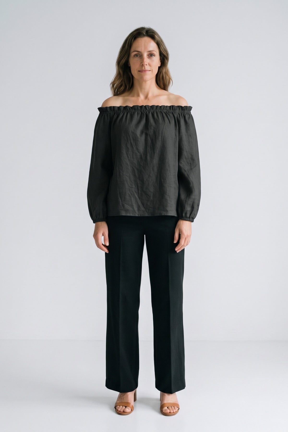 Women's Off-Shoulder Blouse | Long Sleeves — Black — front view — on model