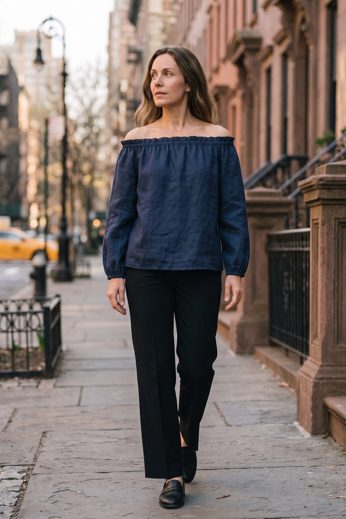 Women's Off-Shoulder Blouse | Long Sleeves — Navy — lifestyle — on model
