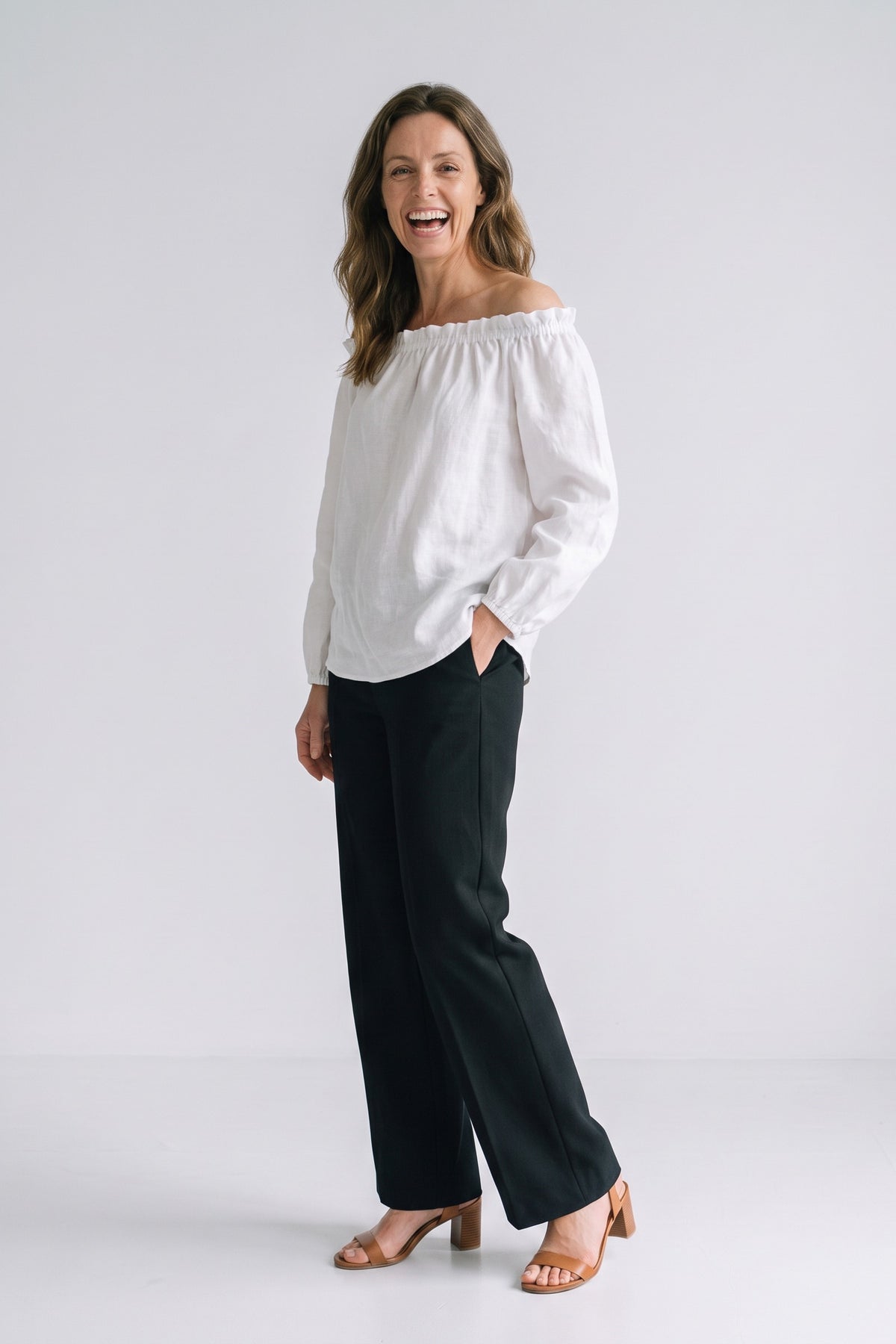Women's Off-Shoulder Blouse | Long Sleeves — White — front view — on model