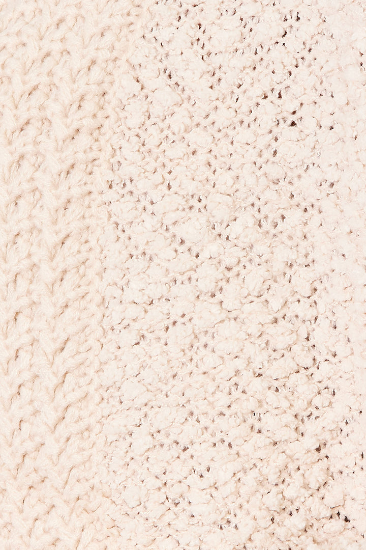 Close-up of the cream popcorn knit texture on the cardigan