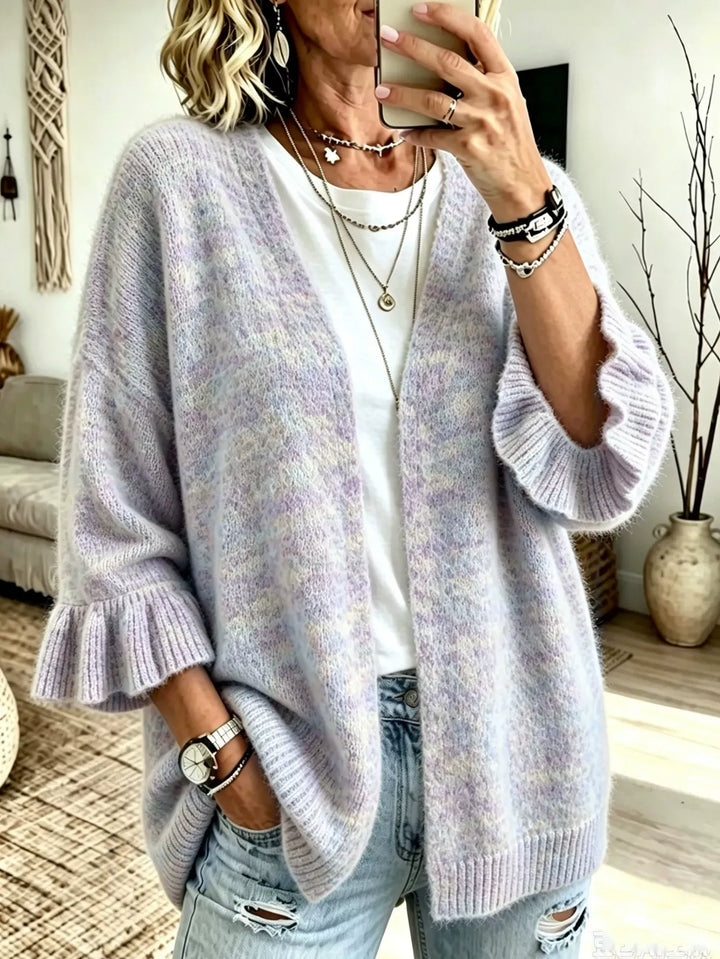 Lavender open front cardigan with knit texture and ruffle cuffs, front view