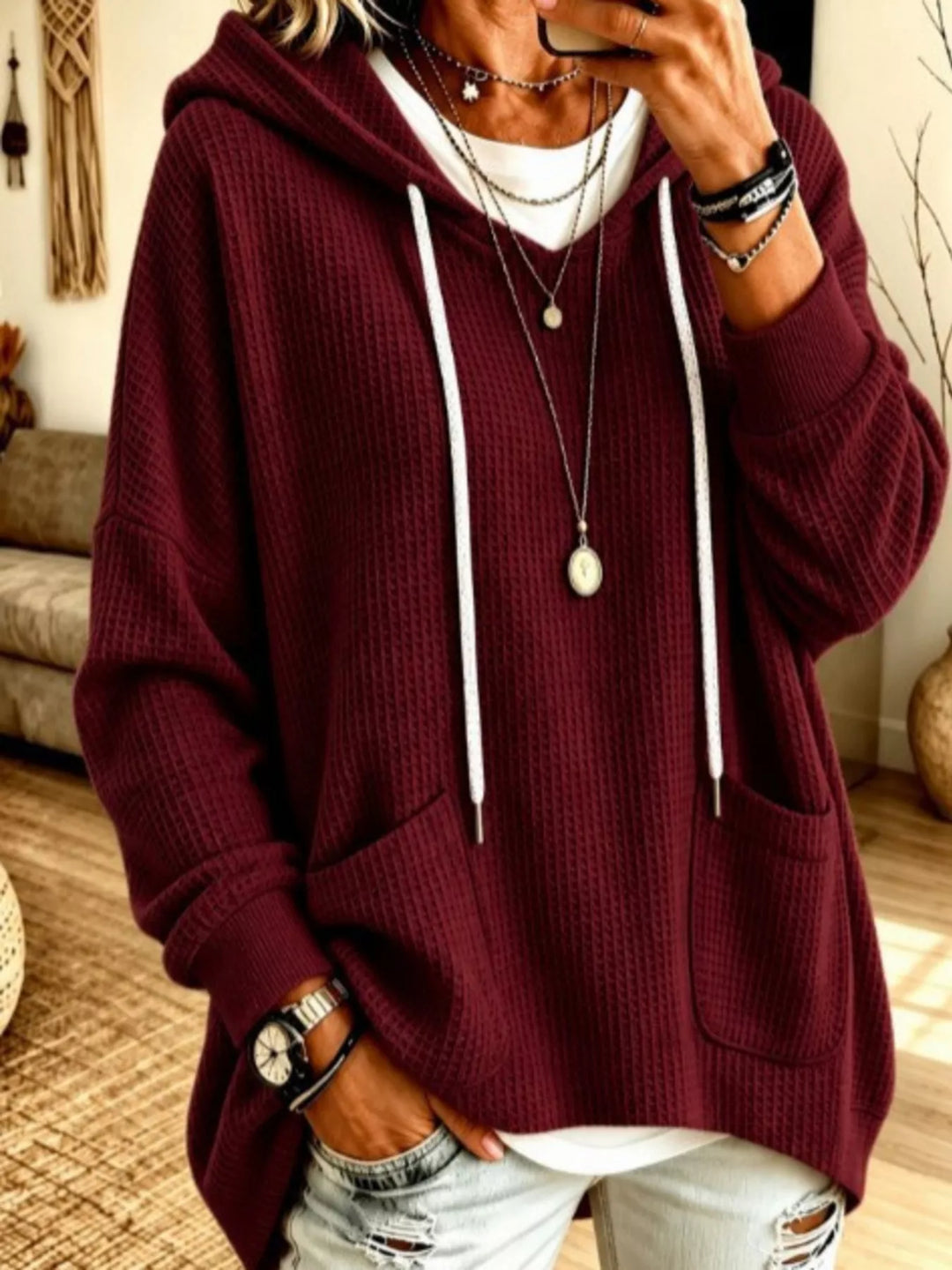 Waffle knit patch pockets plus size in burgundy, front view