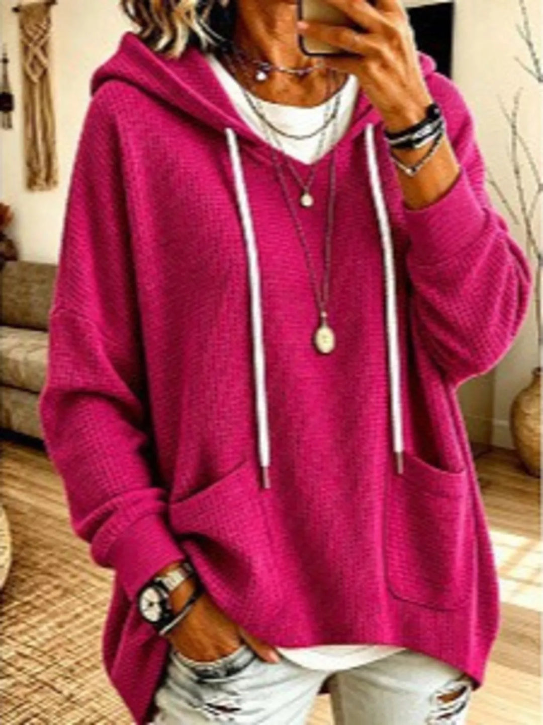 Women's oversized hoodie in cerise, waffle knit patch pockets plus size