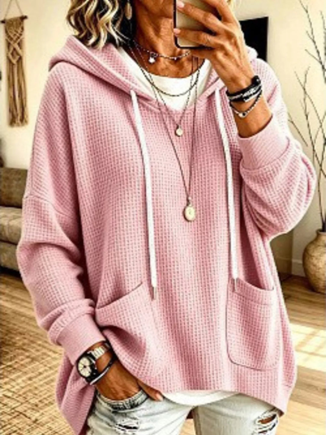 Waffle knit patch pockets plus size in pink, front view