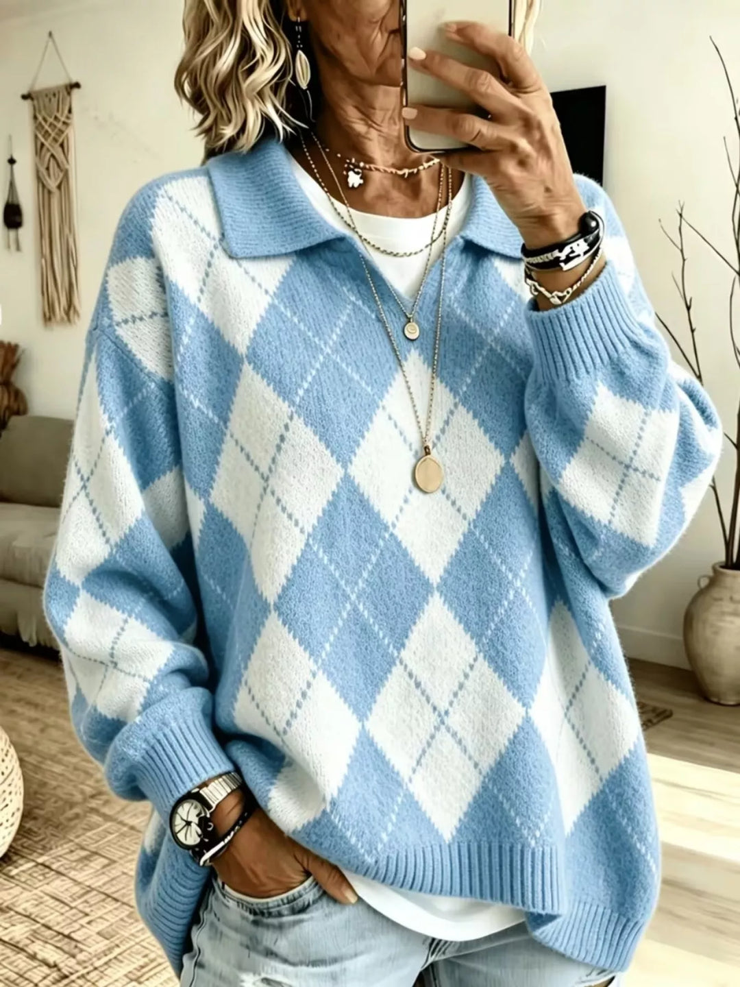 Light blue argyle sweater with polo collar and V placket, front view