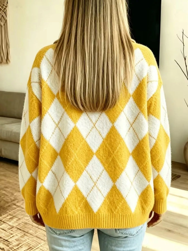 Back view of the mustard argyle sweater showing the diamond pattern