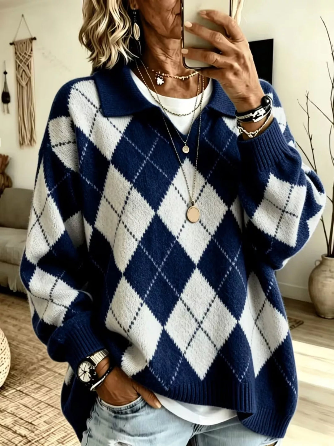 Navy argyle polo collar sweater, front view with long sleeves and ribbed cuffs