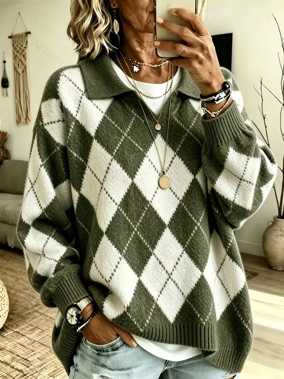 Olive green argyle polo collar sweater, front view with white layer underneath