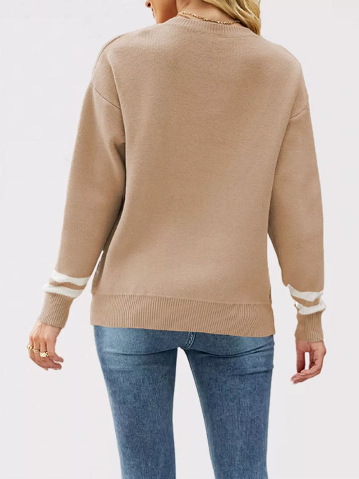 Back view of the taupe crew neck sweater with striped cuffs