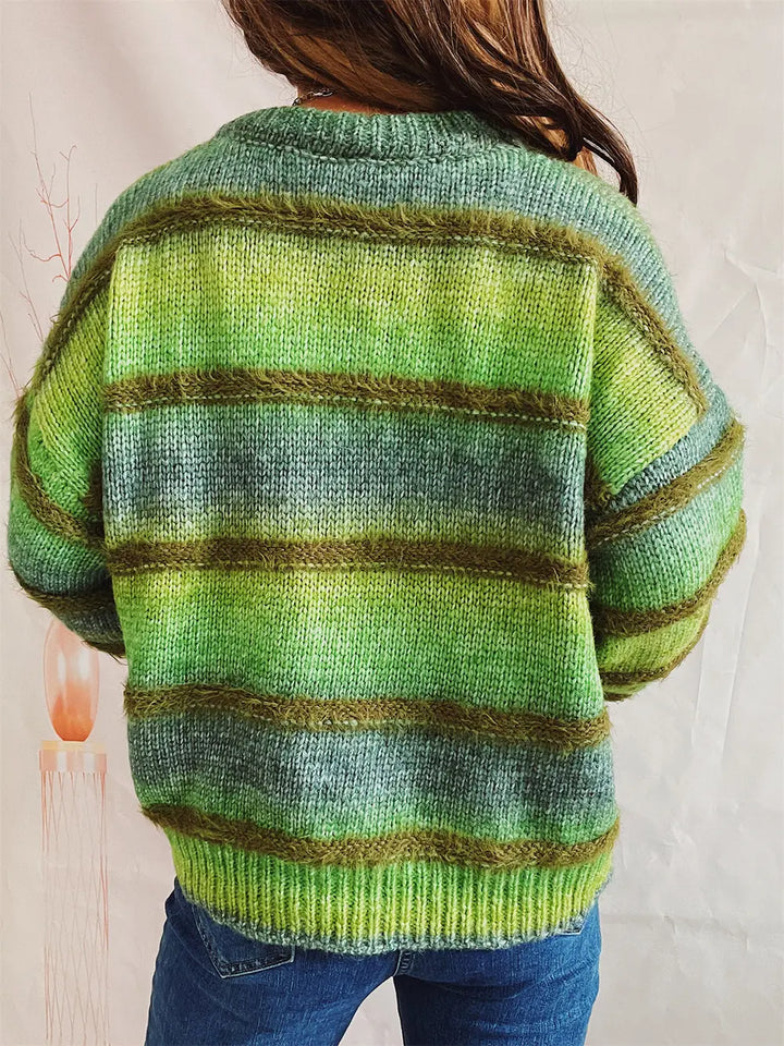 Back view of the green striped oversized sweater
