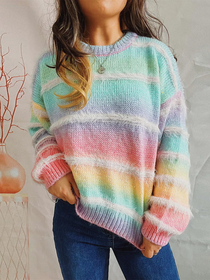 Women's oversized sweater in pastel multicolor, fuzzy striped round neck knit, front view