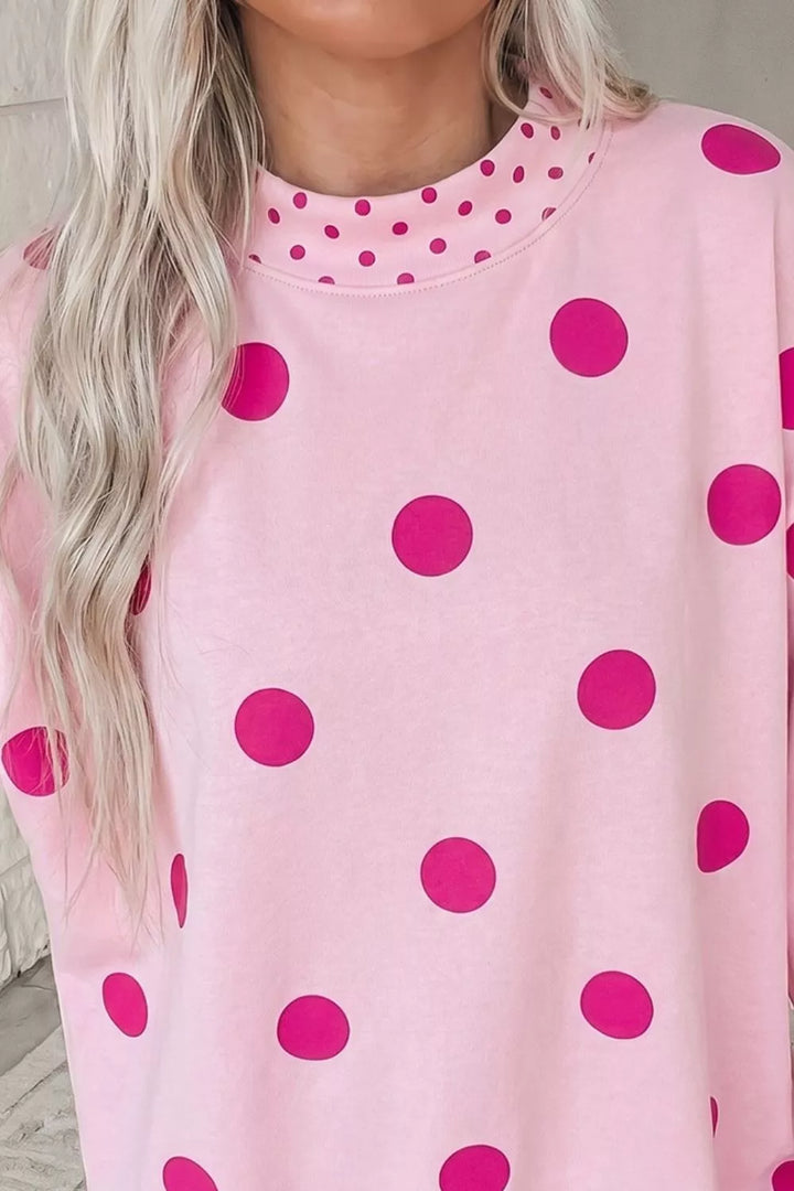 Large polka dot trim crew neck in blush pink, front view 2
