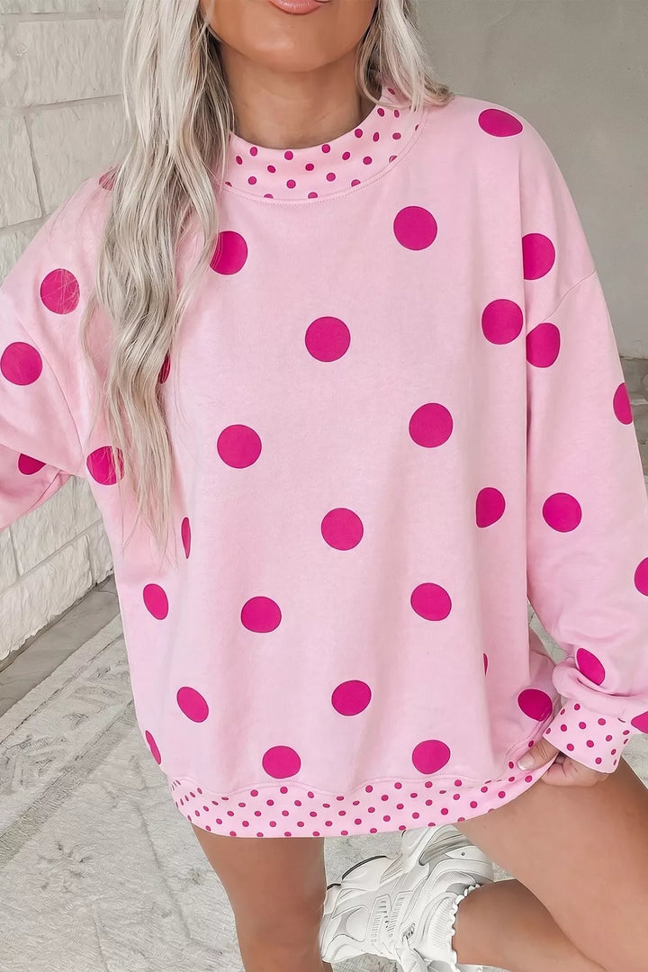 Large polka dot trim crew neck in blush pink, front view