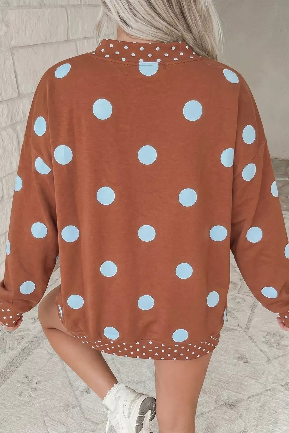 Large polka dot trim crew neck in caramel, back view