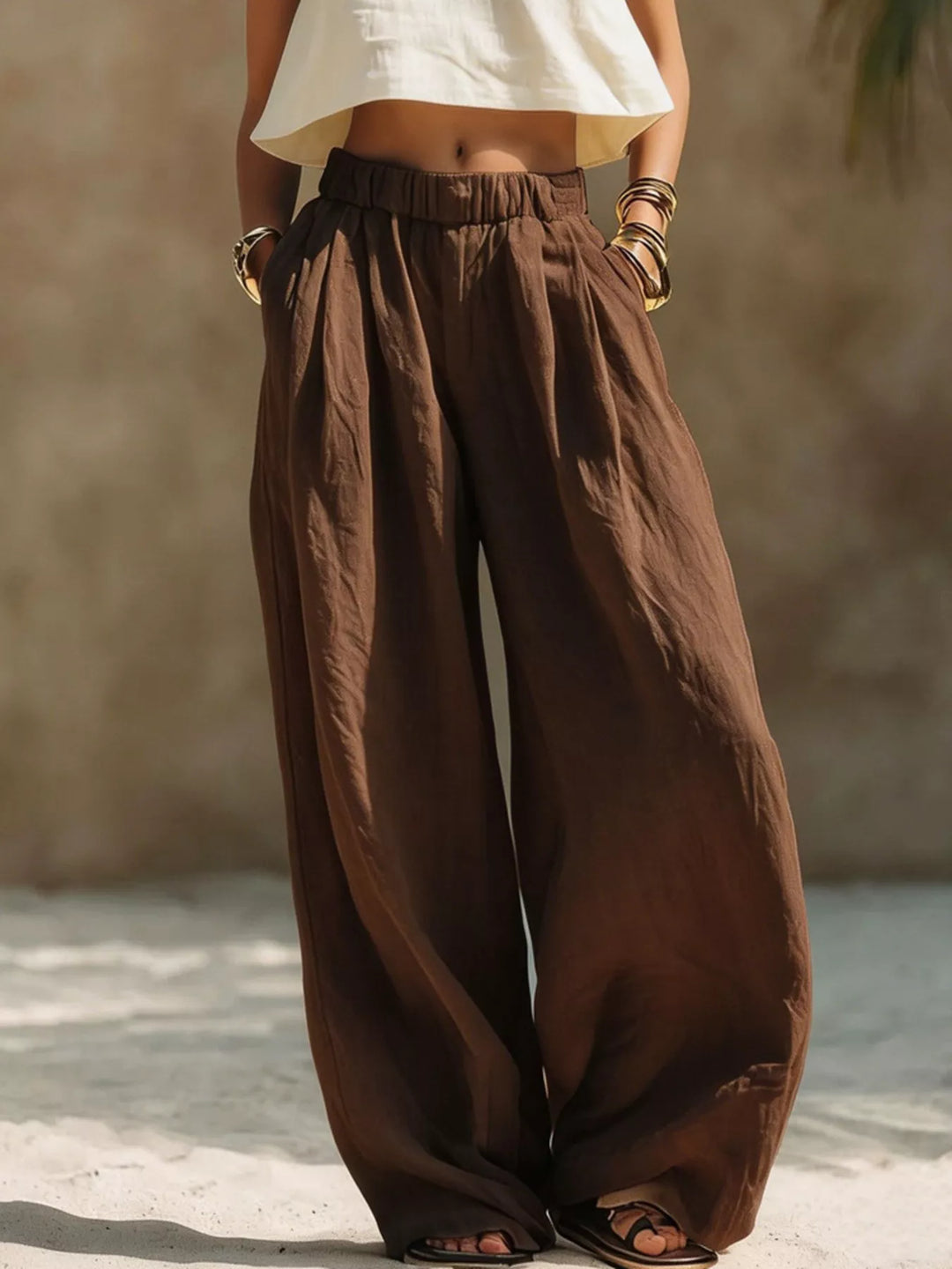 Chocolate brown palazzo pants, extra wide leg with pleats and elastic waist