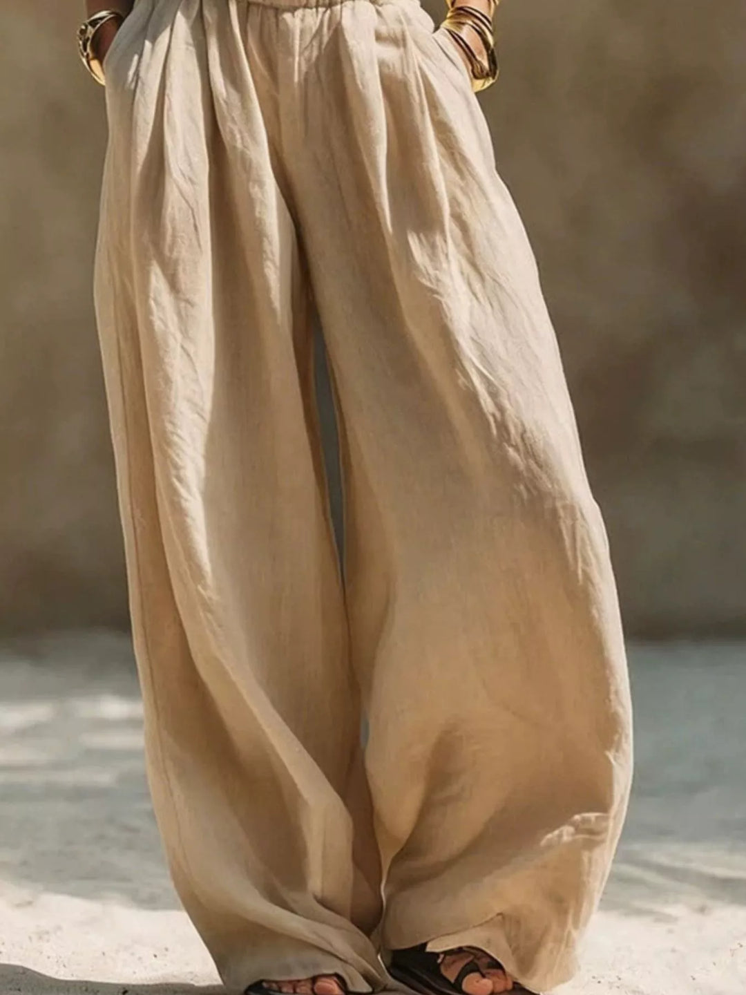 Sand extra wide leg pants side view showing the relaxed flowing drape