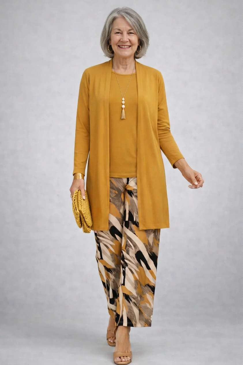 Women's pant suit in mustard with a long open cardigan and abstract print wide leg pants