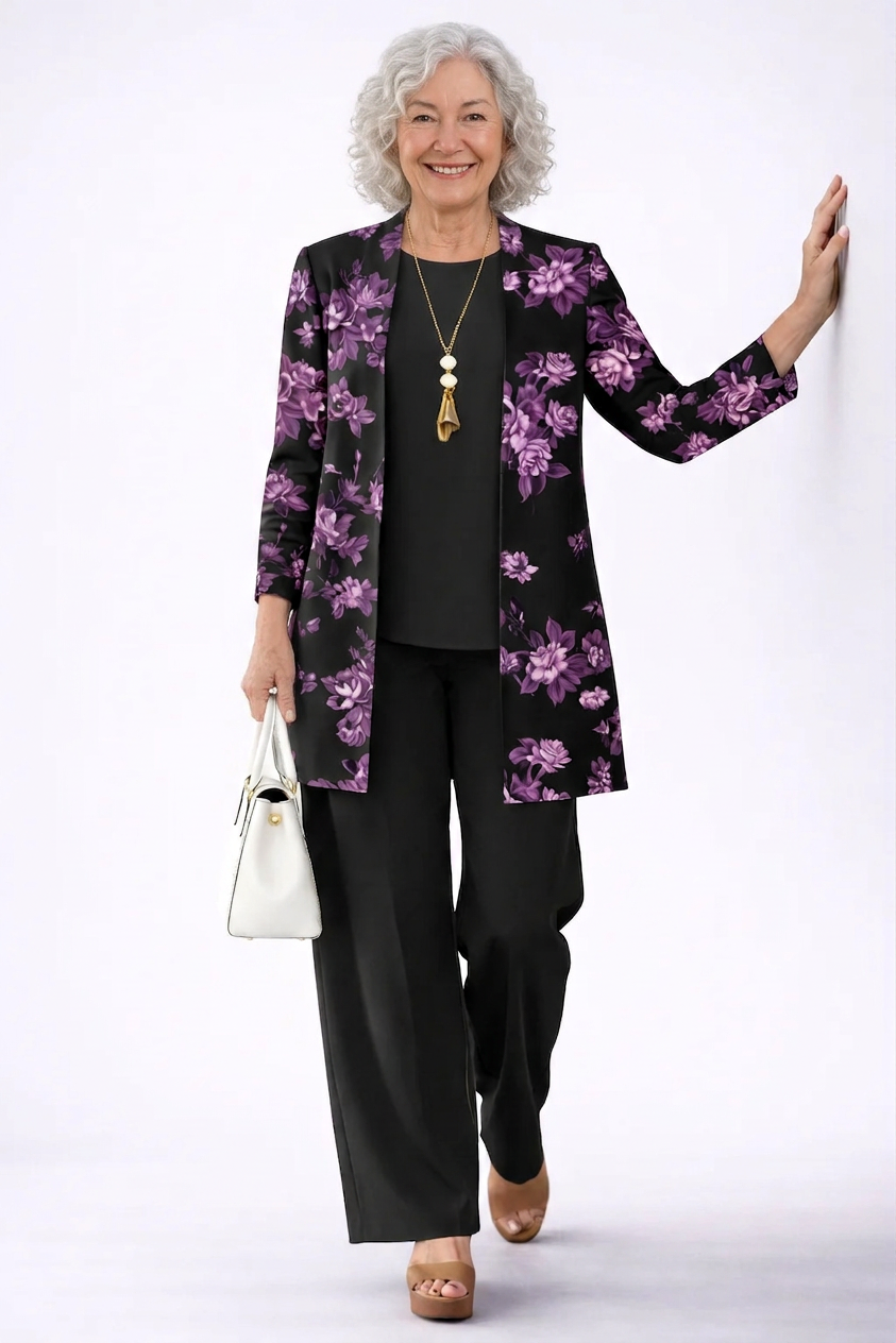 Women's pant suit in black with purple roses, bold bloom print longline cardigan and solid pants