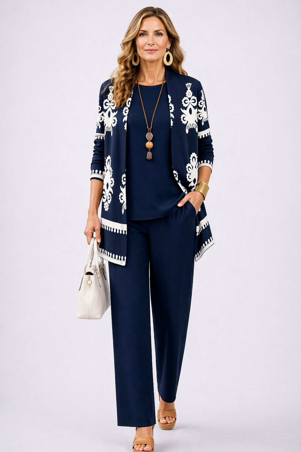 Women's pant suit in navy, damask border print open cardigan with solid top and pants