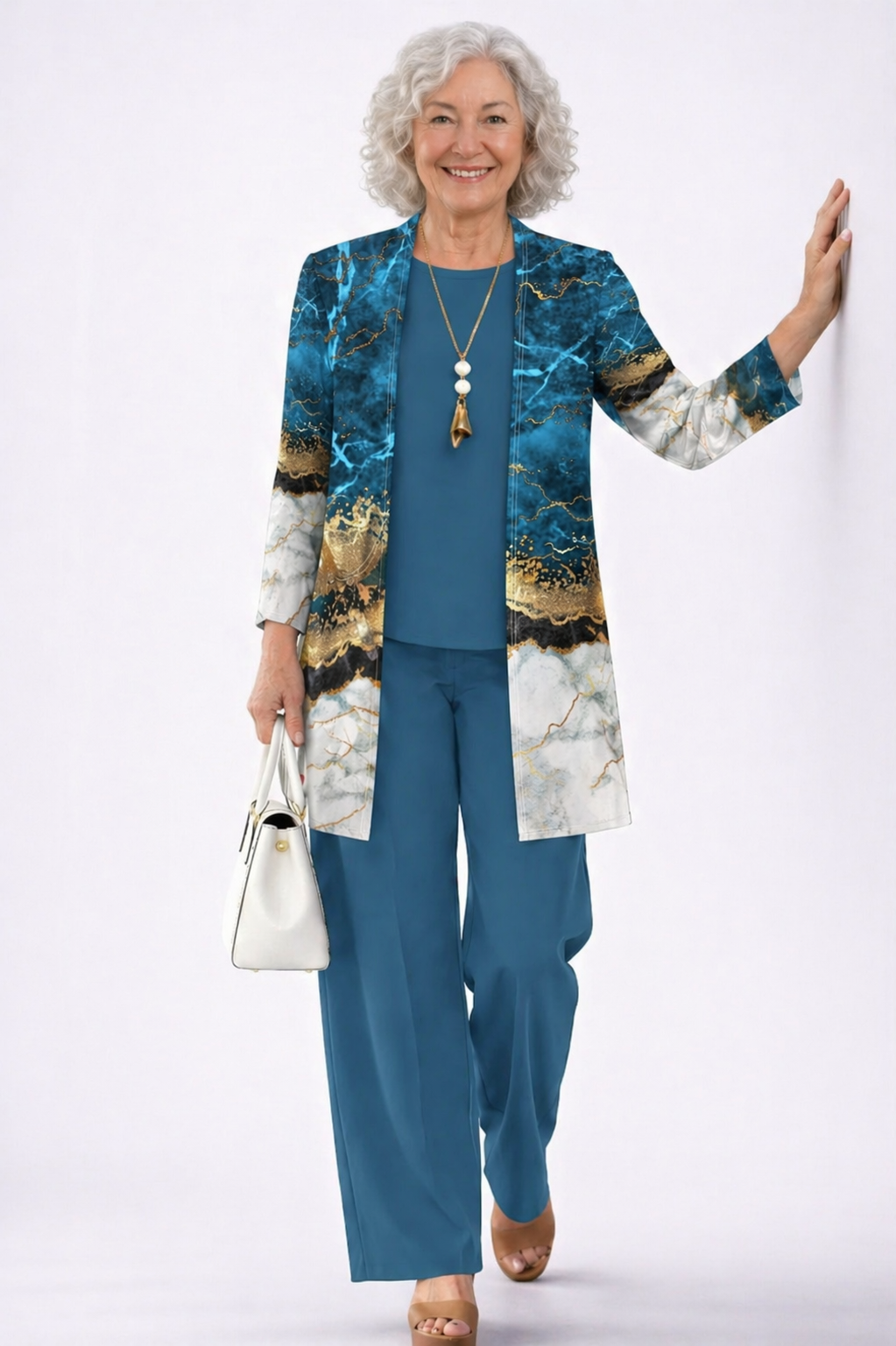 Women's pant suit in teal, gradient marble print longline cardigan with solid top and pants
