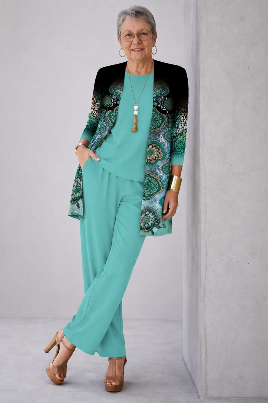 Women's pant suit in turquoise, mandala print cardigan with ombre shoulders and straight leg pants