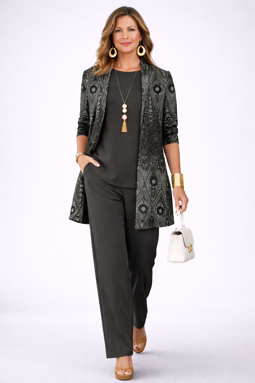 Women's pant suit in black, shimmer medallion print longline cardigan with solid top and pants