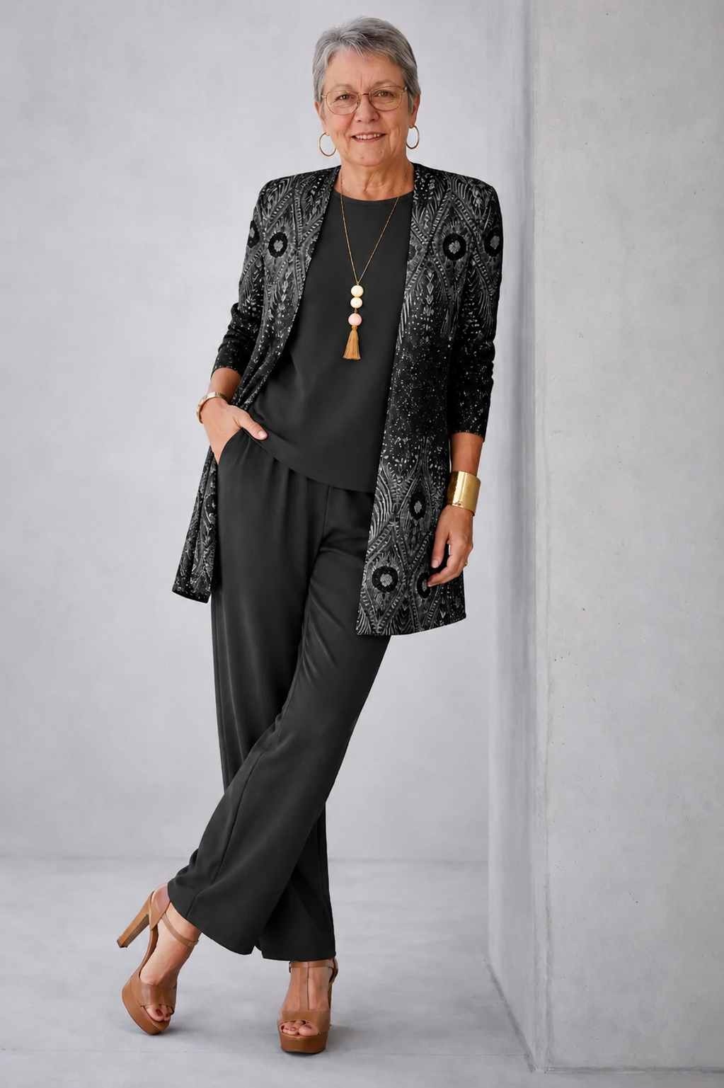 Black medallion print cardigan worn with hands in the pant pockets, leaning on a wall
