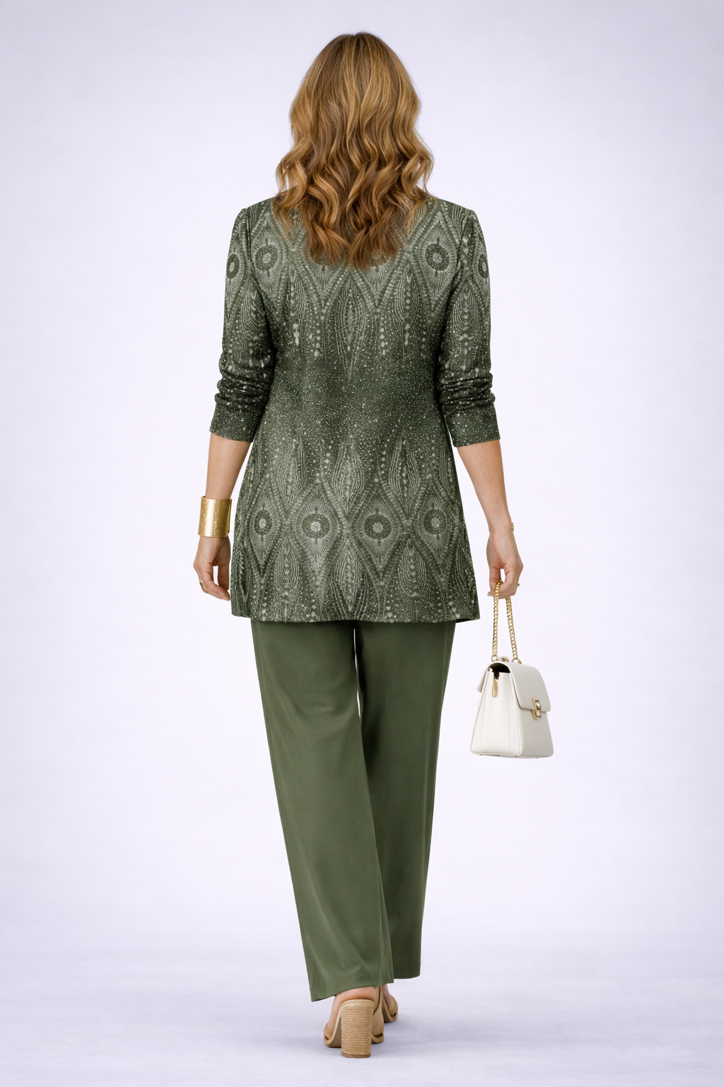 Back view of the shimmering ogee print cardigan over olive straight leg pants