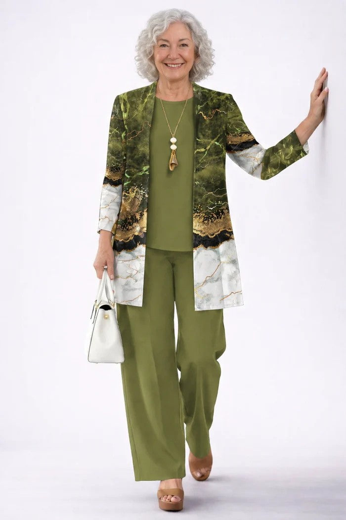 Moss green marble print cardigan fading to white over solid green separates