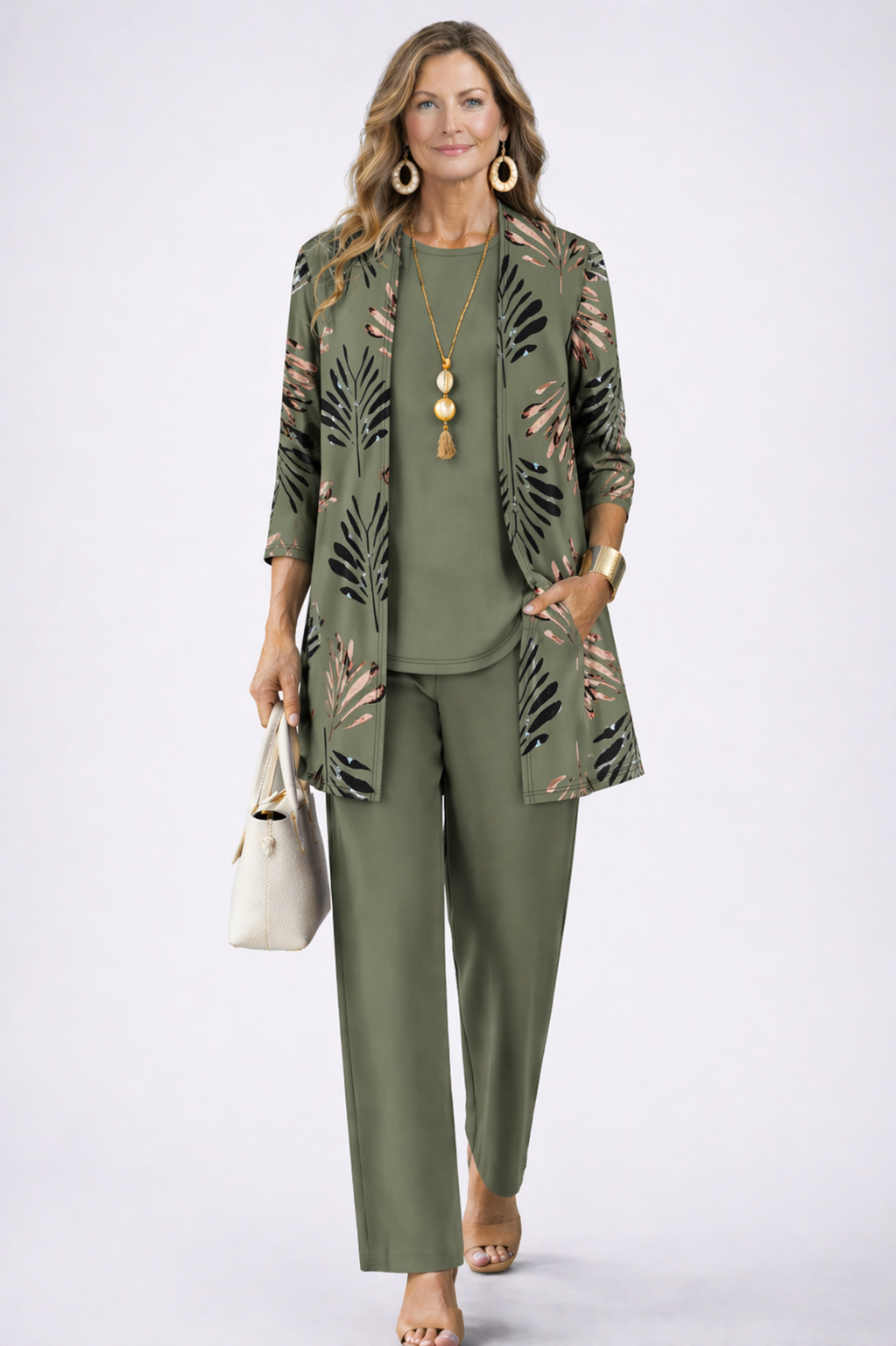 Women's pant suit in olive, leaf print open cardigan with solid top and straight leg pants