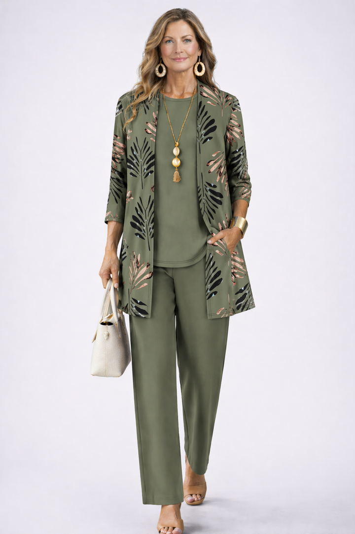 Women's pant suit in olive, leaf print open cardigan with solid top and straight leg pants