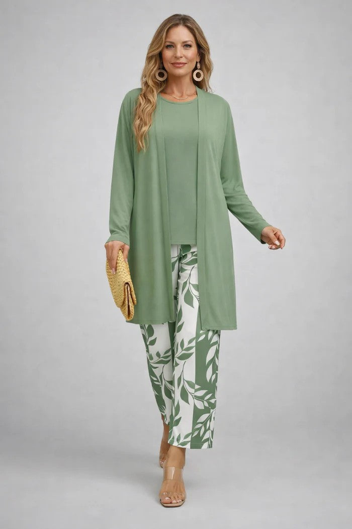 Sage cardigan and top over leaf print straight leg pants