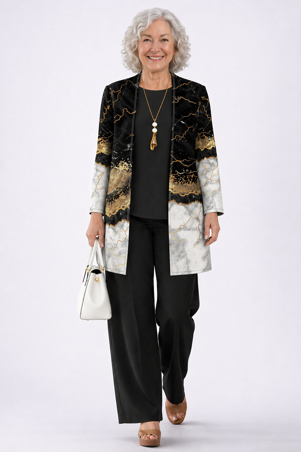 Women's pant suit in black and gold, veined marble print open cardigan with solid top and pants