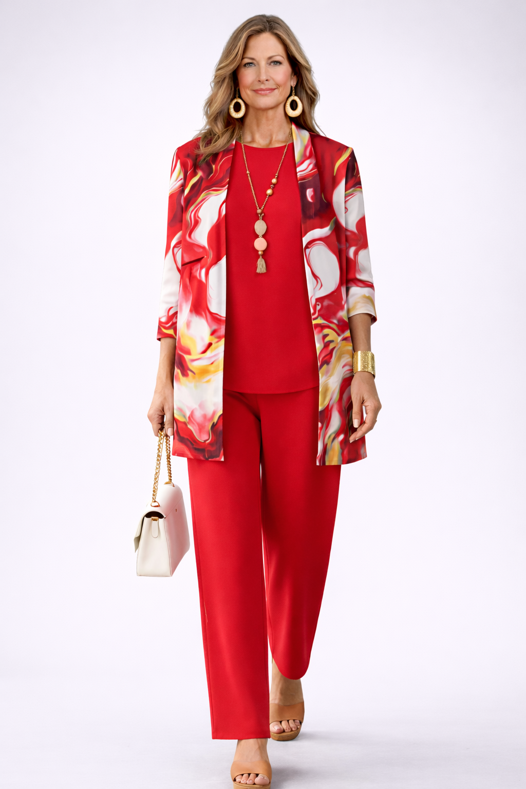 Women's pant suit in red with a watercolor print longline cardigan, red top and straight pants
