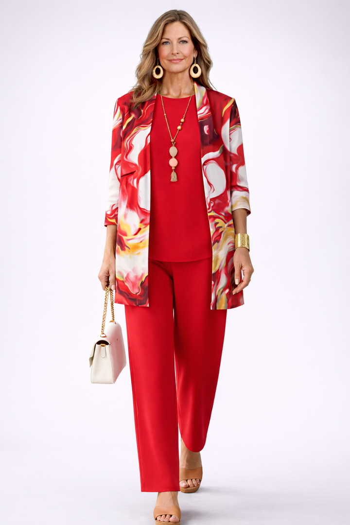 Women's pant suit in red with a watercolor print longline cardigan, red top and straight pants